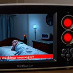 **Hacked Baby Monitor:** A dimly lit nursery. In the foreground, a baby monitor with glowing red eyes. Digital distortion effects around the screen. Overlaid text: "Are you watching?" Creepy, unsettling atmosphere.