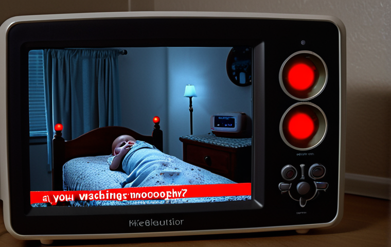 **Hacked Baby Monitor:** A dimly lit nursery. In the foreground, a baby monitor with glowing red eyes. Digital distortion effects around the screen. Overlaid text: "Are you watching?" Creepy, unsettling atmosphere.
